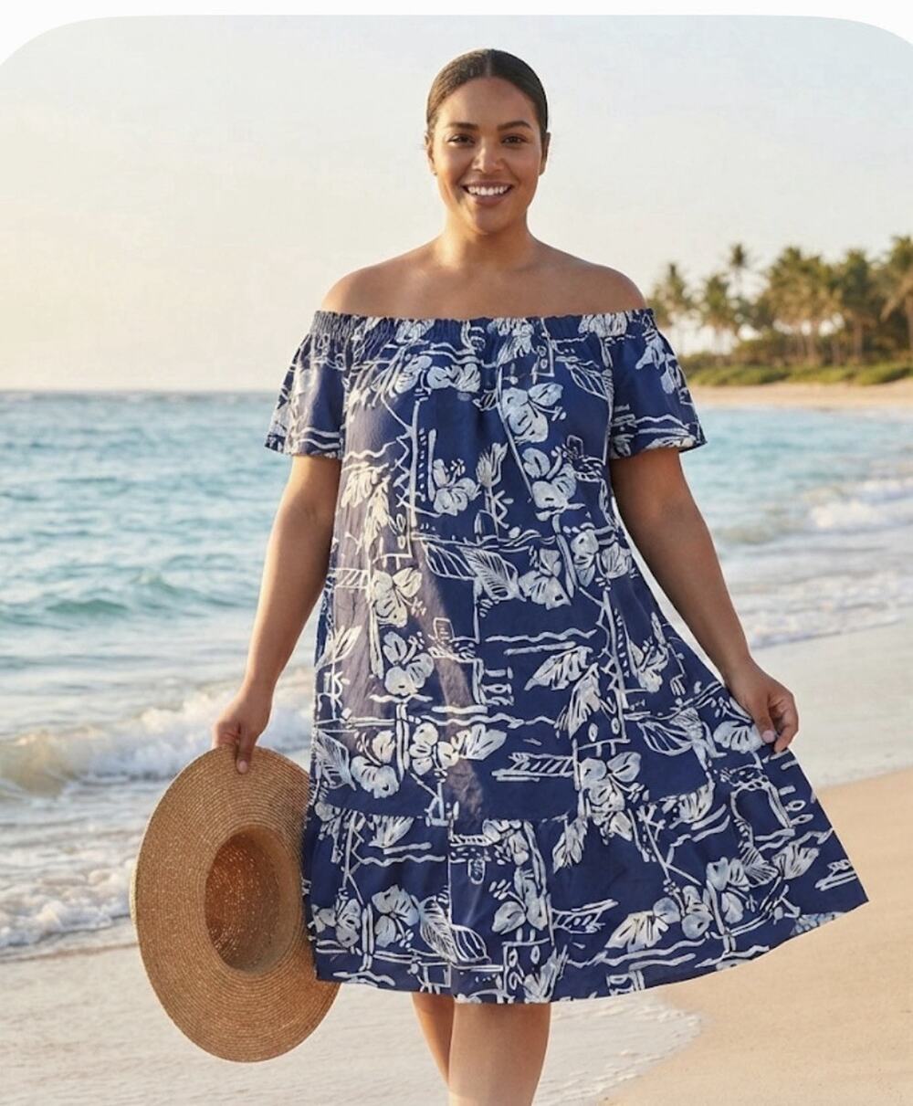 VINTAGE Hilo Hattie Blue Floral Muumuu Dress Hibiscus Palm Ruffle HAWAII 2-3X